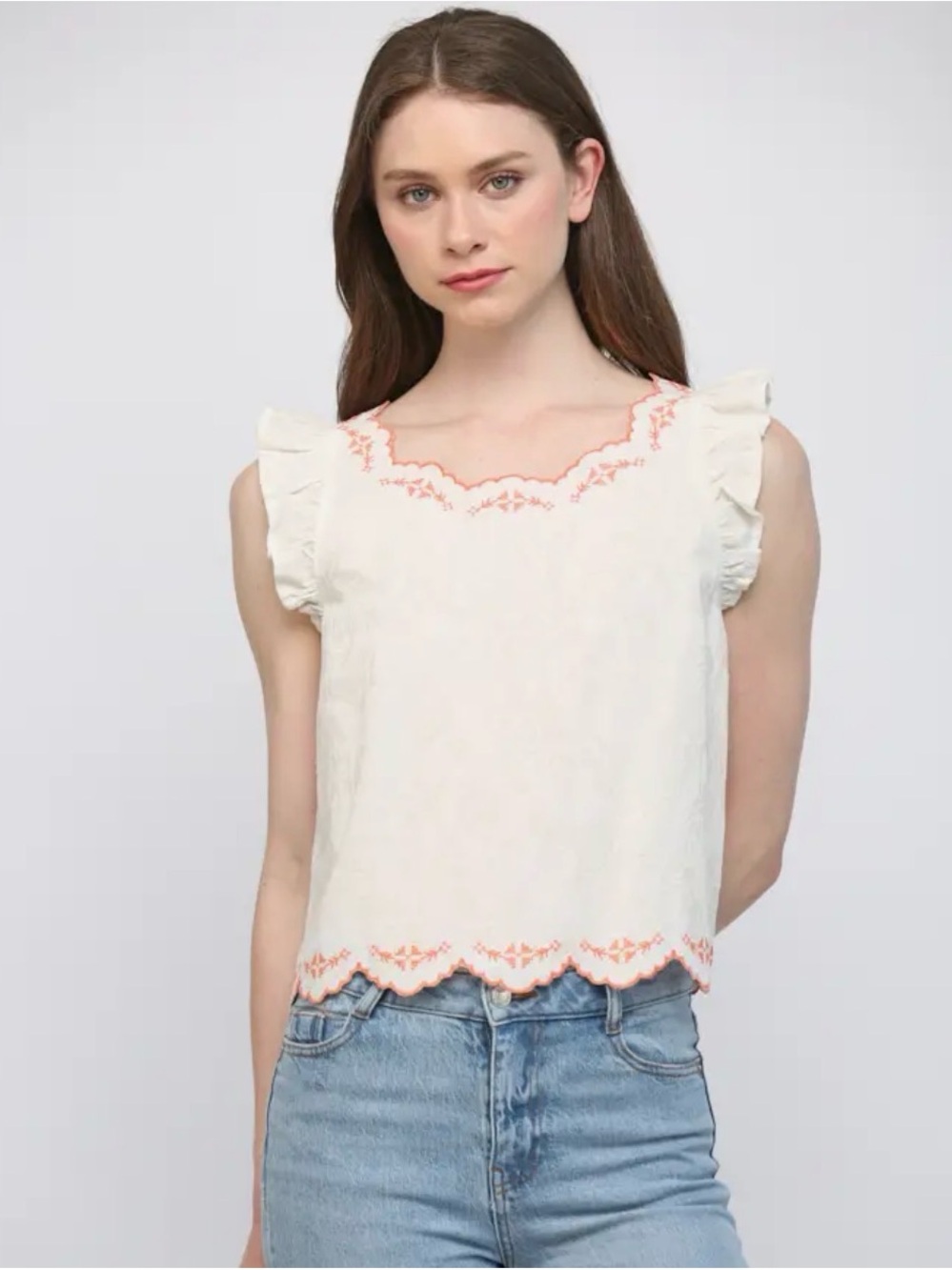 Fate Cream Embroidered Ruffle Sleeve Tank with Coral Trim